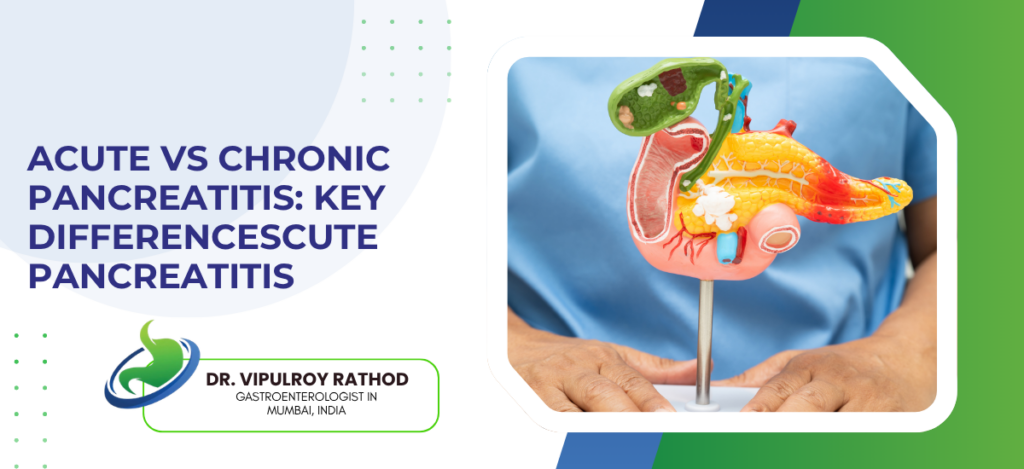 Banner: title 'Acute vs Chronic Pancreatitis: Key Differences' with a 3D pancreas model on a stand held by hands.