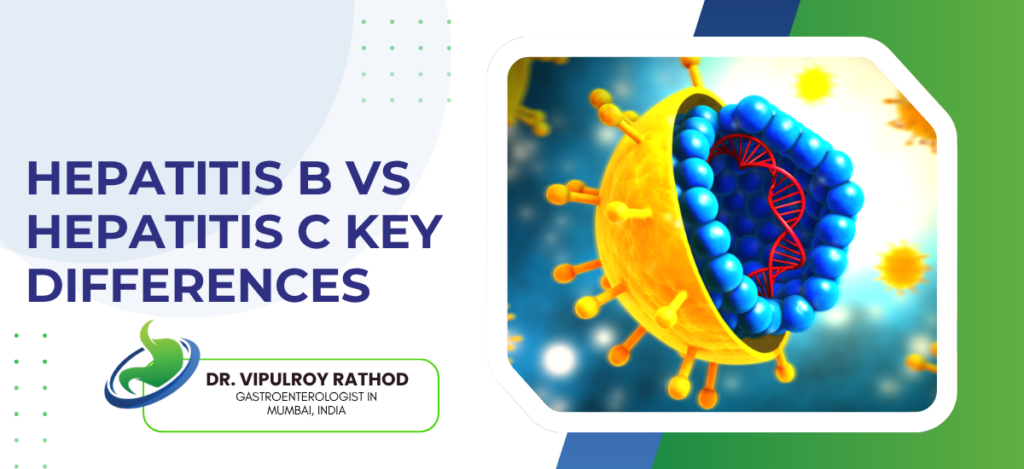 Banner title: Hepatitis B vs C key differences, with Dr. Vipulroy Rathod's credentials and a 3D virus illustration on the right.