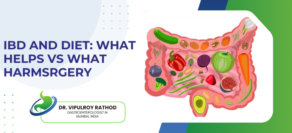 Banner with the title 'IBD AND DIET: WHAT HELPS VS WHAT HARMS' and a cartoon intestine filled with fruits and vegetables; doctor’s logo in a rounded green frame at the bottom left