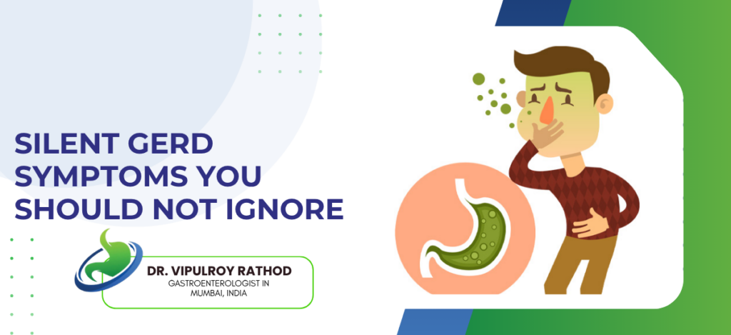 Awareness banner about silent GERD symptoms; left-aligned bold text, right-side illustration of a man covering his mouth with a stomach icon and doctor branding.