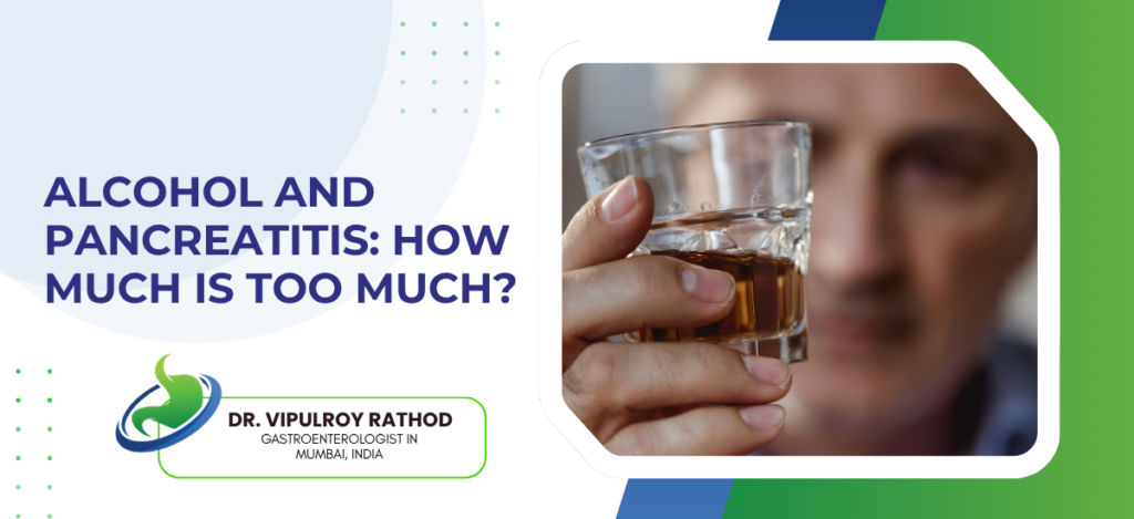 Educational banner about alcohol and pancreatitis with the doctor’s logo; features a hand holding a glass of whiskey beside the title.