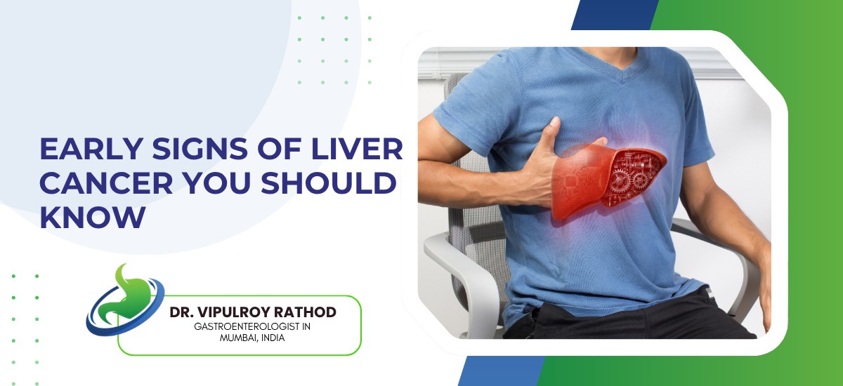 Informational banner about early signs of liver cancer, showing a man pressing his upper abdomen with a red liver graphic overlay inside a white rounded frame.