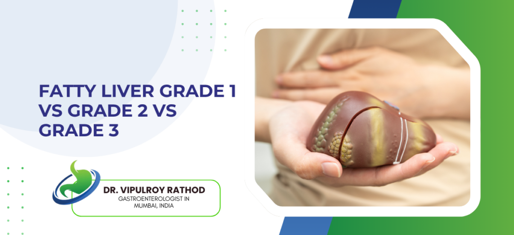 Hands cradle a realistic liver model on an educational slide about fatty liver grades (1–3), with author/clinic branding on the left.