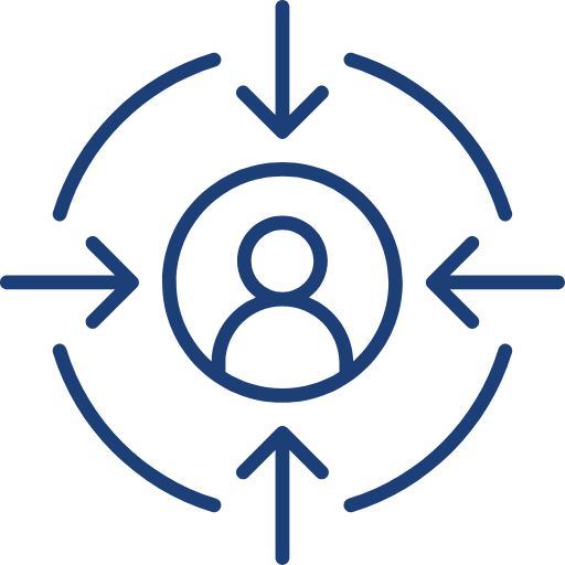 Blue outline icon of a person inside a circle with four arrows pointing toward the center, symbolizing user-centered design.