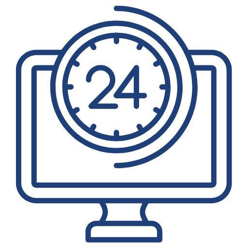 Monitor displaying a circular clock with 24, representing 24/7 support.