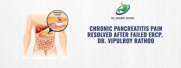 Anatomical diagram of the torso highlighting the pancreas with a magnified inset; relates to chronic pancreatitis pain relief after ERCP.