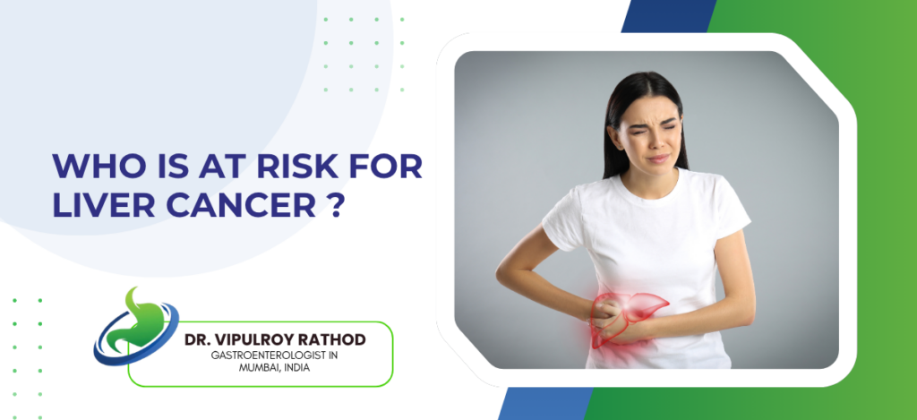 Informational banner about who is at risk for liver cancer, showing a woman holding her abdomen with a red-highlighted liver illustration and a branded header.