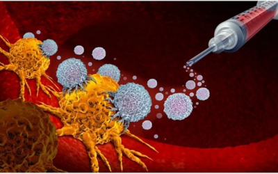 Medical illustration of a syringe injecting a therapeutic into a cluster of cancer cells in a blood vessel, with immune cells nearby.