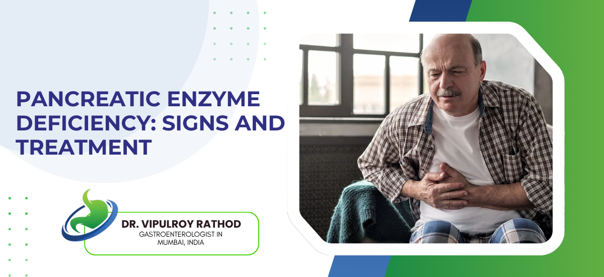 Informational banner about pancreatic enzyme deficiency: signs and treatment, with Dr. Vipulroy Rathod's logo and a man clutching his abdomen behind the text.