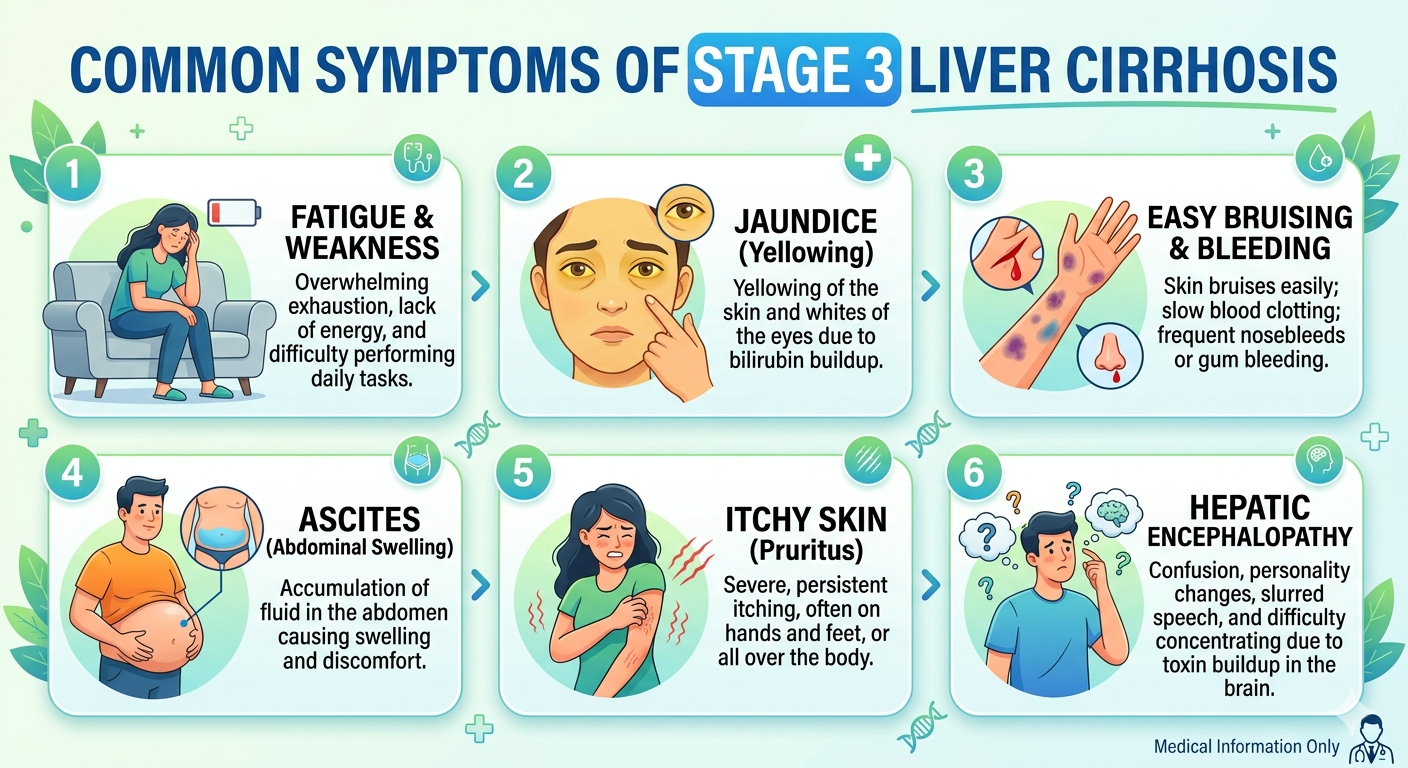 C3c9b5f8-b942-47d0-93ea-48670f6cf867 | dr. Vipulroy rathod Panel 1: Fatigue & Weakness — a woman sits on a couch looking tired; notes exhaustion and low energy levels for liver cirrhosis stage 3 symptoms.