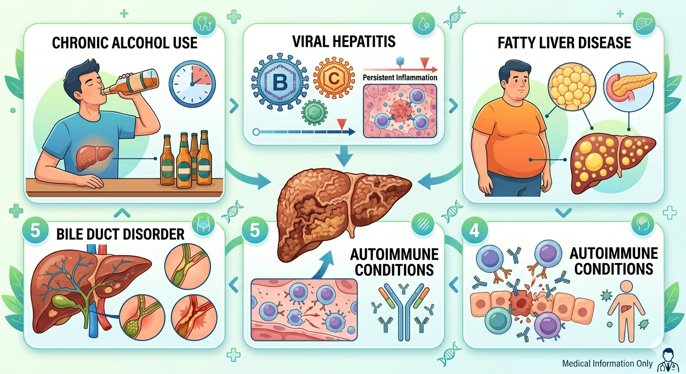 Eb6e0e5f-1184-4f34-b98c-99f2a08d3c90 | dr. Vipulroy rathod Infographic showing liver health; panels cover chronic alcohol use, viral hepatitis, fatty liver disease, bile duct disorders, and autoimmune conditions.