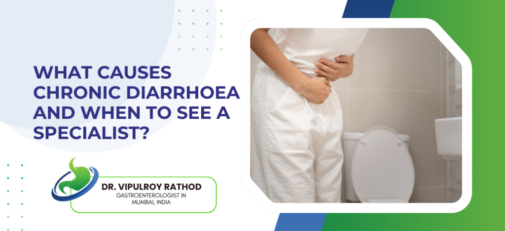 What causes chronic diarrhoea and when to see a specialist? header with a person clutching their abdomen near a bathroom illustration (informational banner).