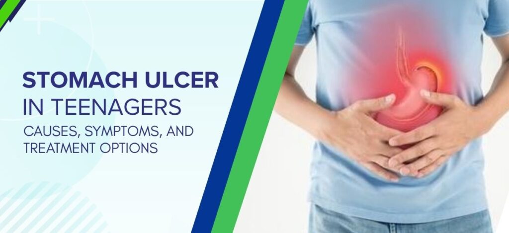Informational banner about stomach ulcers in teenagers, listing causes, symptoms, and treatment options; illustration of a person holding their stomach with a glowing red area.
