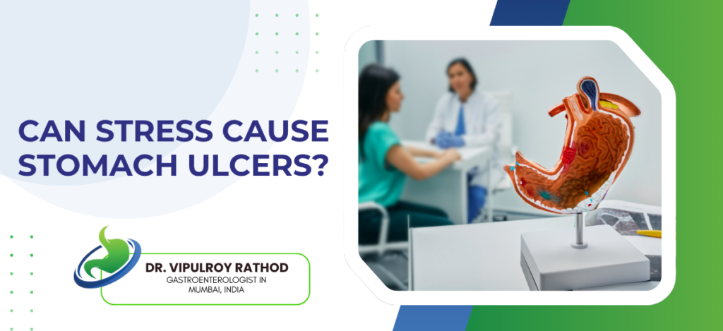 Banner for a medical talk: 'Can stress cause stomach ulcers?' with a doctor and stomach model image.