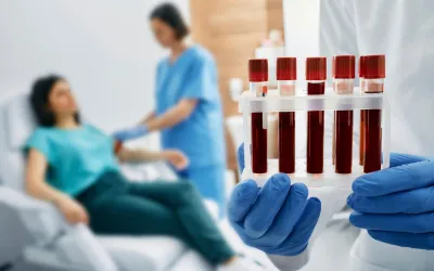 Blood tests | dr. Vipulroy rathod | dr. Vipulroy rathod Gloved hands hold a rack of blood collection tubes in a clinical setting, with a patient and a nurse in the background.